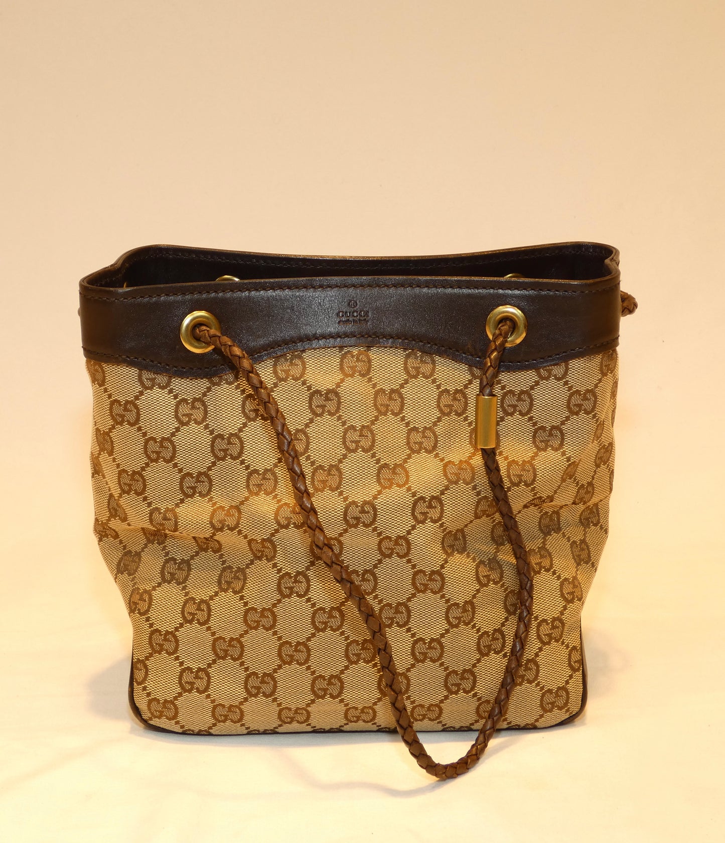 Gucci Canvas Shoulder Bag Beige Gold