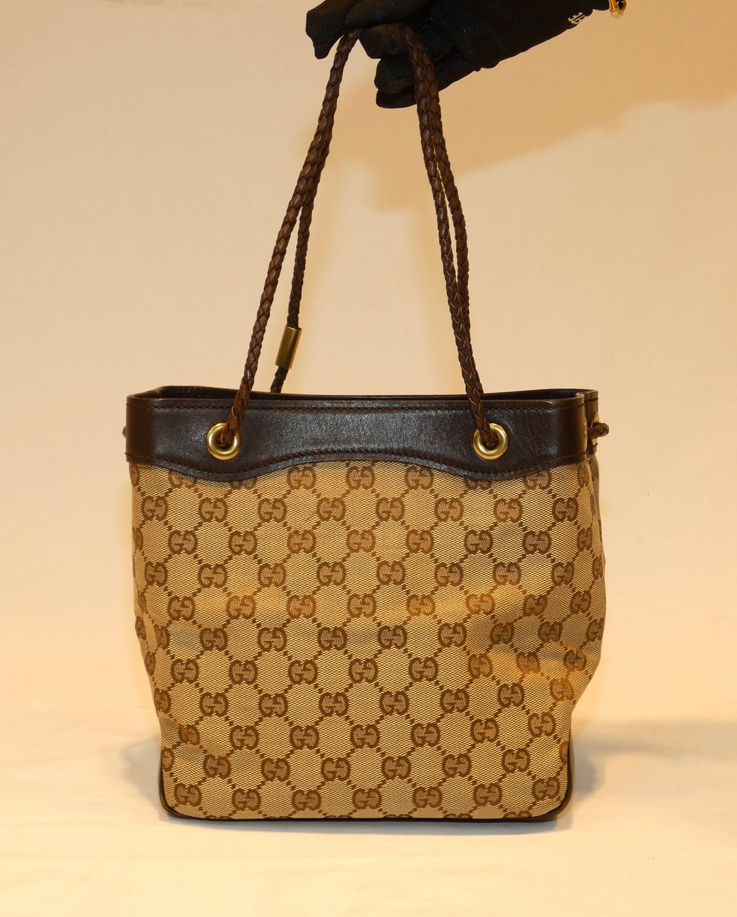 Gucci Canvas Shoulder Bag Beige Gold
